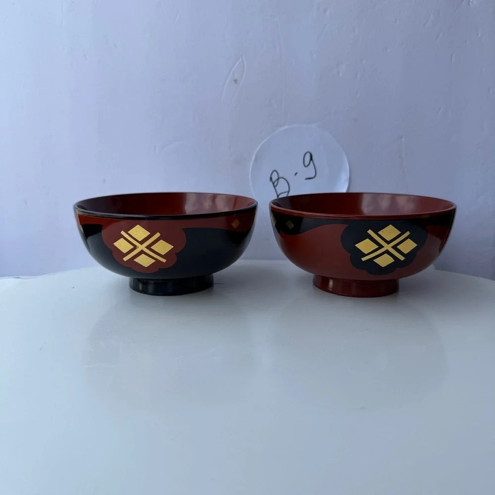 Set of 2 Japanese Lacquerware Soup Bowls Red Black Gold Motif B-9